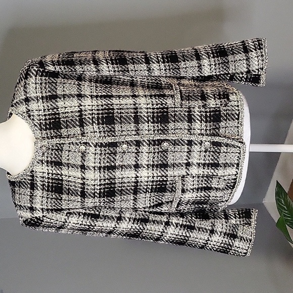 Adrianna Papell Black White Crewneck Plaid Blazer with Metallic Threading Size M - Picture 1 of 9